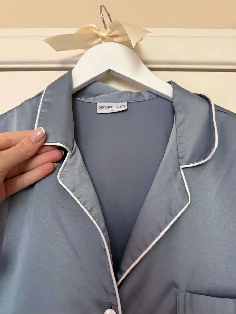 Dusty Blue Satin Short-Sleeve Pajama Set